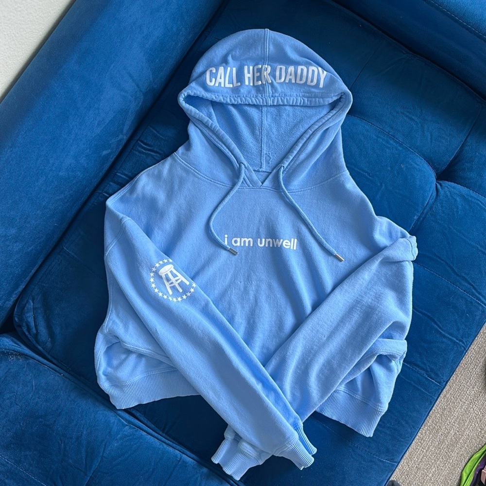 NWOT CALL HER DADDY I am unwell light blue cropped hoodie (size S/M)